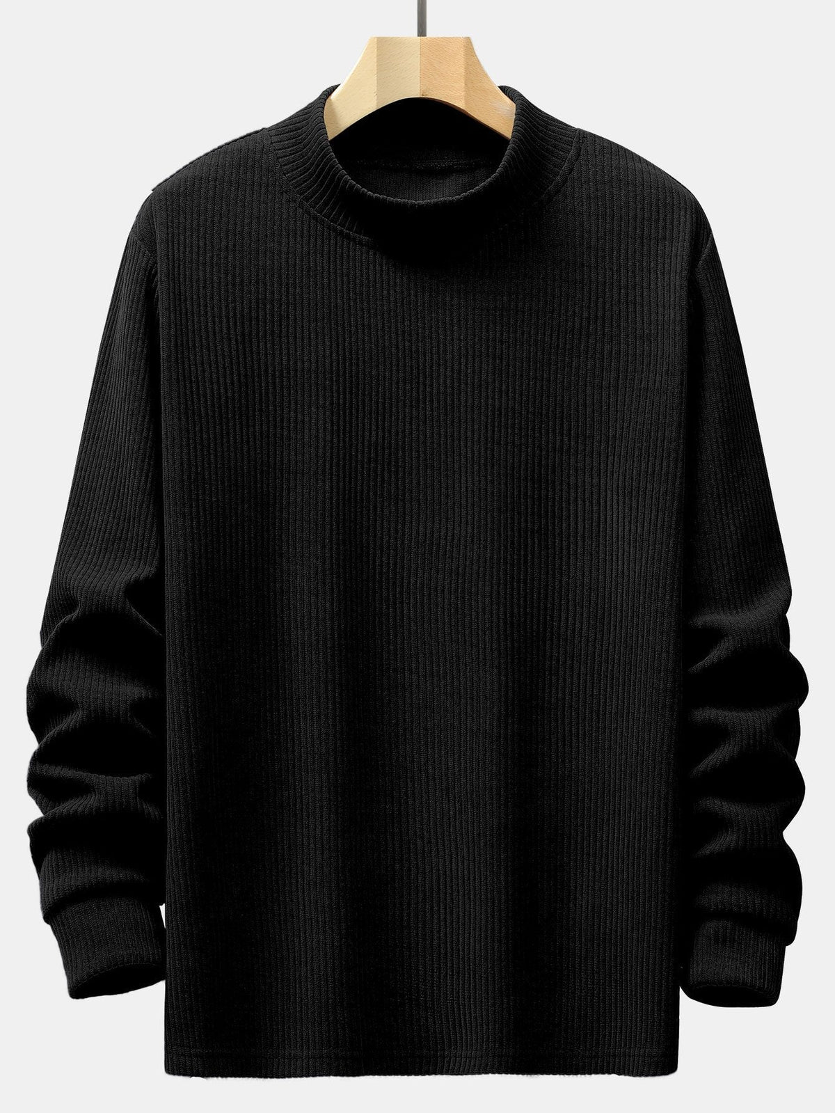 Men's Fine Rib-Knit Stretchy Mock-Neck Knit Pullover – Black