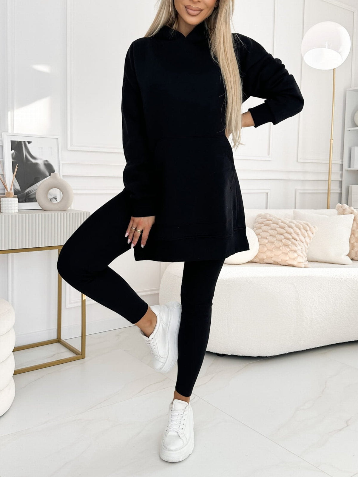 Women's Longline Hoodie and Leggings Set for Weekends – Black