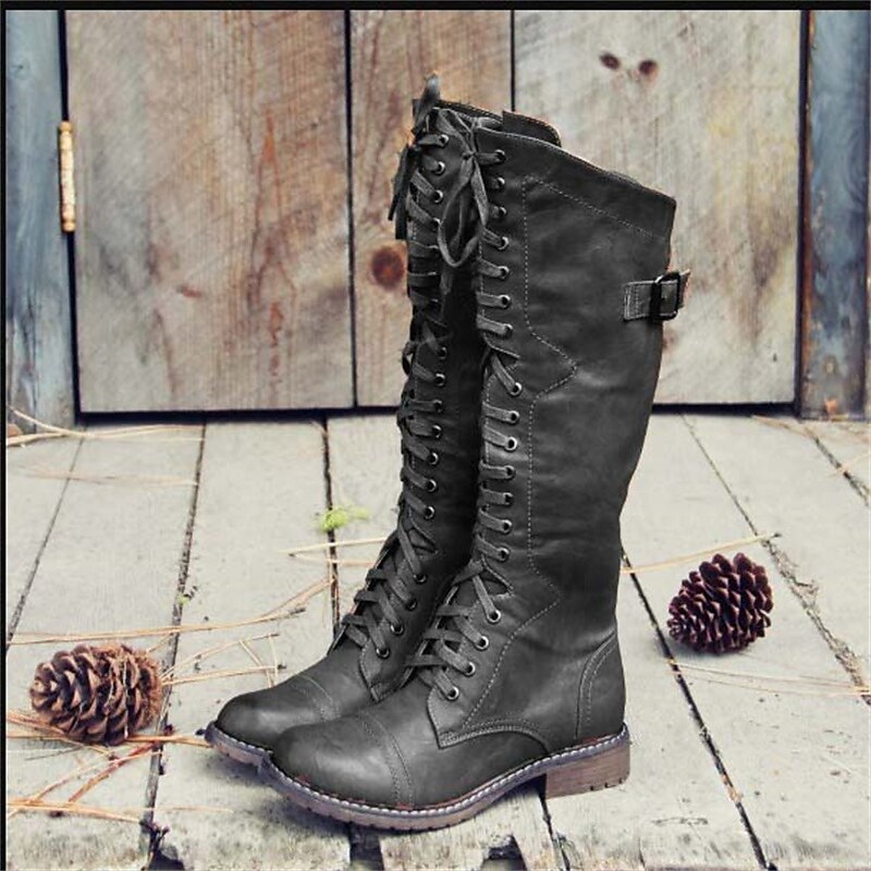 Women's Tall Tie-Front Riding Boots with Side Buckle – Black