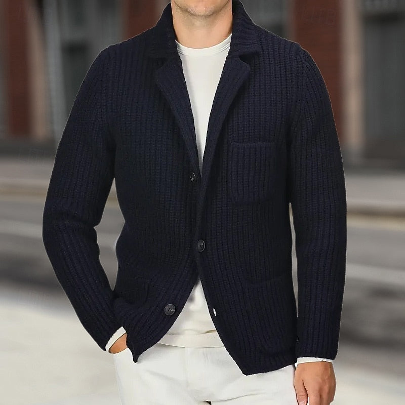 Men's Rib-Knit Stand-Collar Button Knit Cardigan with Pockets – Black