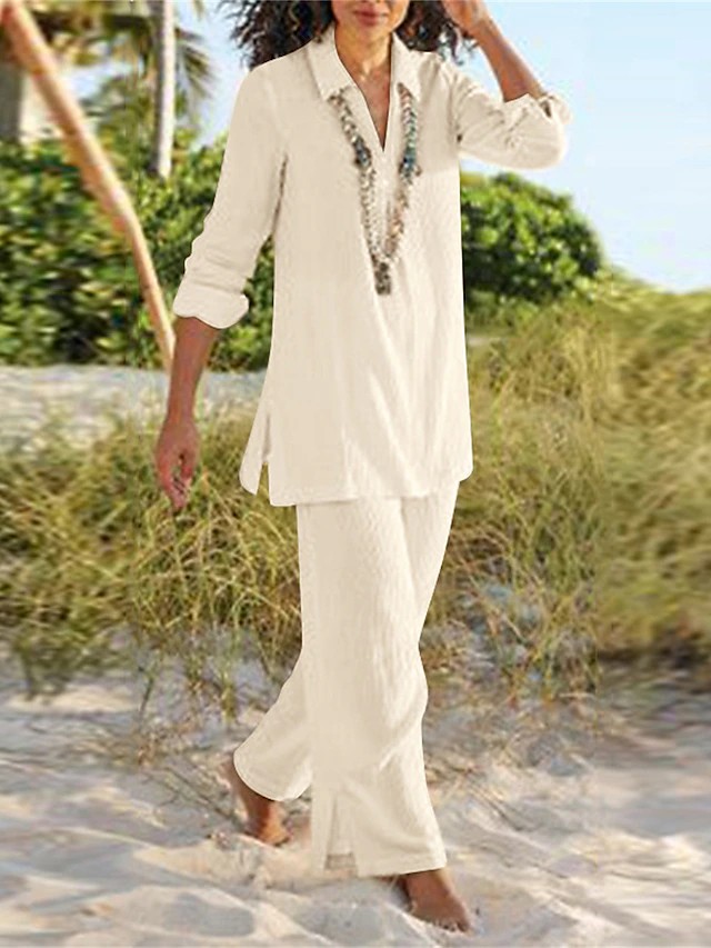 Women's V-Neckline Top and Wide-Cut Trouser Set – Khaki