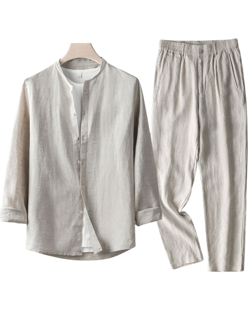 Men's No-Collar Linen Shirt and Pants Set – Beige