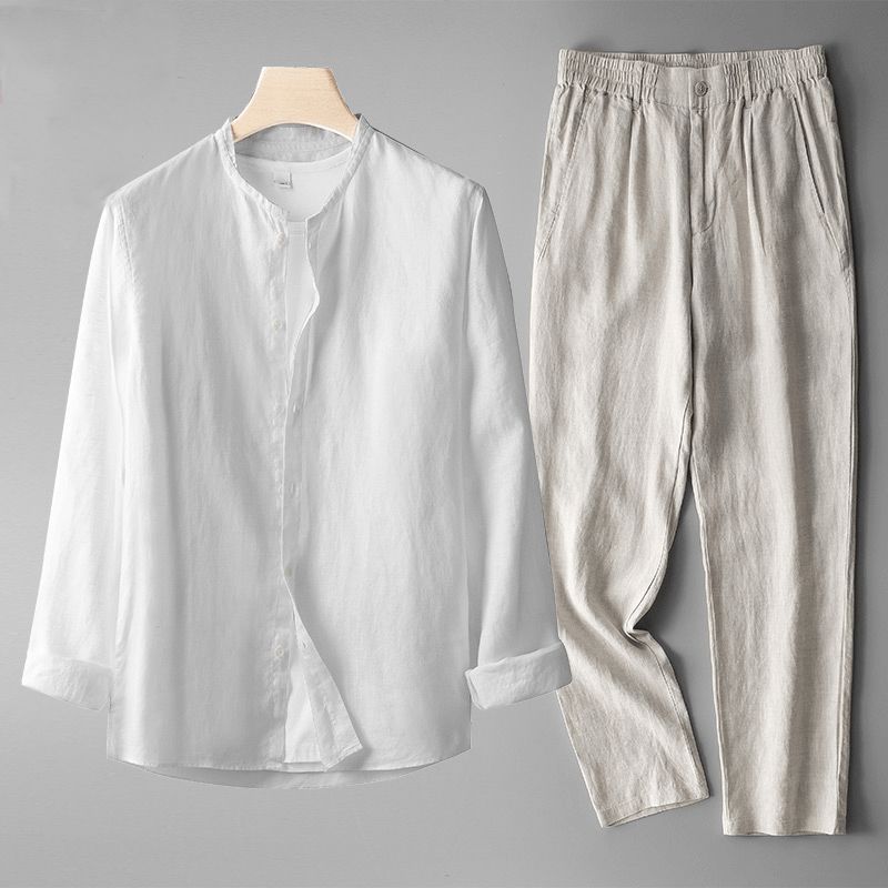Men's No-Collar Linen Shirt and Pants Set – White/Beige
