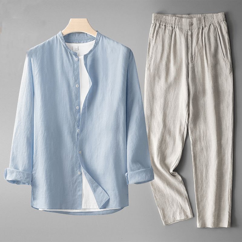 Men's No-Collar Linen Shirt and Pants Set – Light Blue/Gray