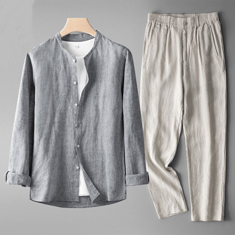 Men's No-Collar Linen Shirt and Pants Set – Gray/Beige