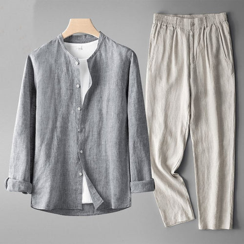 Men's No-Collar Linen Shirt and Pants Set – Gray/Beige