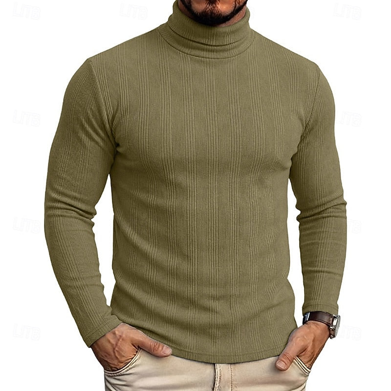Men's Rib-Knit Texture Slim-Cut Fit Roll-Neck Knit Pullover – Military Green