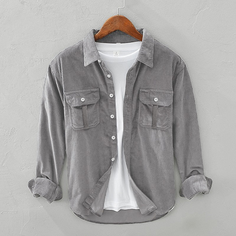 Men's Textured Two-Pocket Button-Up Overshirt for Layering – Gray