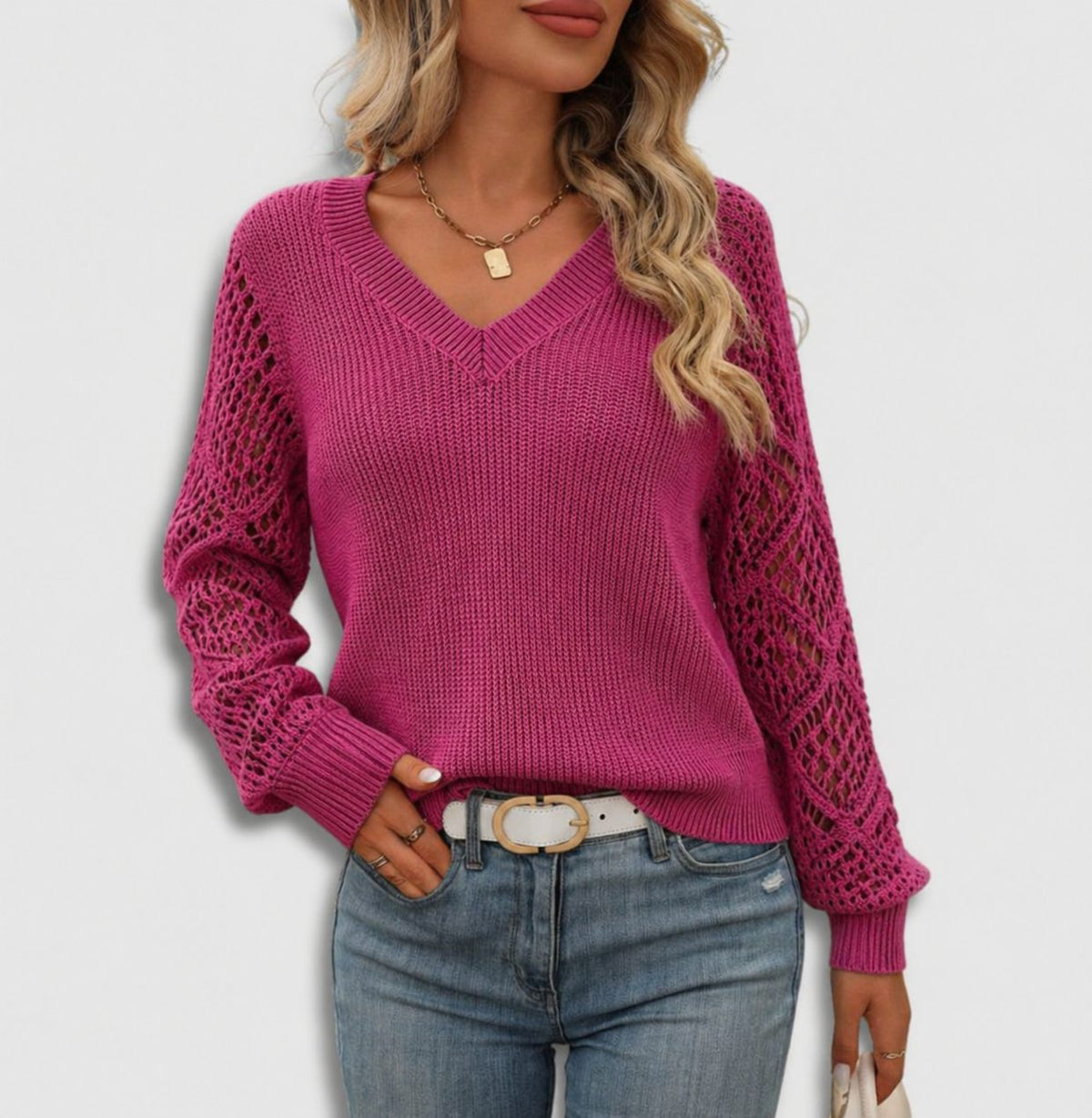 Women's Rib-Knit V-Neckline Pullover – Pink