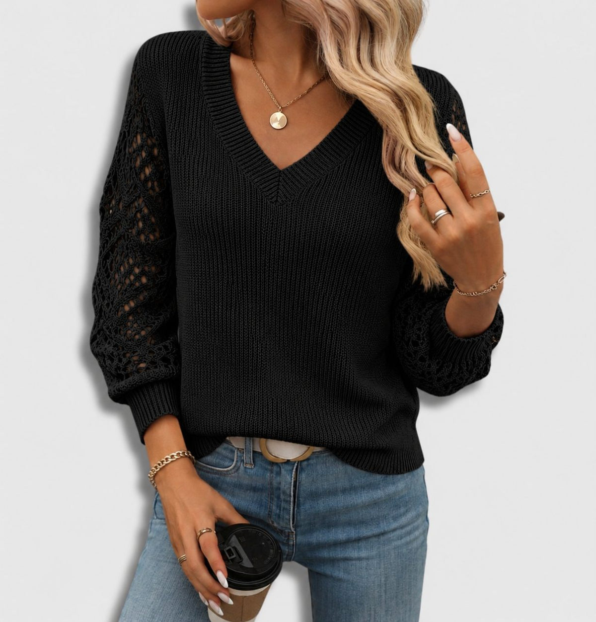 Women's Rib-Knit V-Neckline Pullover – Black