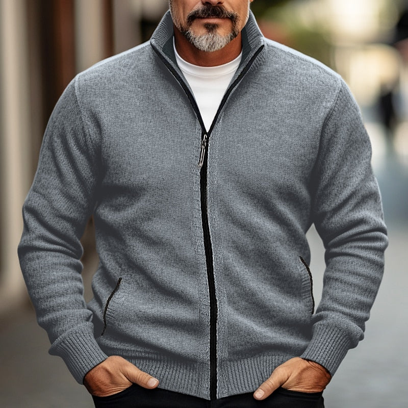 Men's Stand-Collar Zip-Front Knit Cardigan – Gray