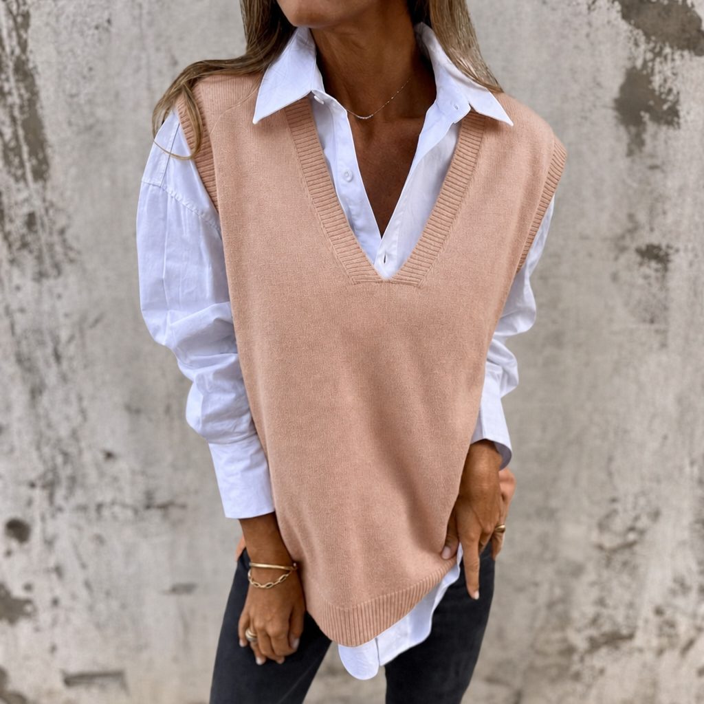 Women's Rib-Knit Relaxed-Fit Vest with V-Neck – Peach