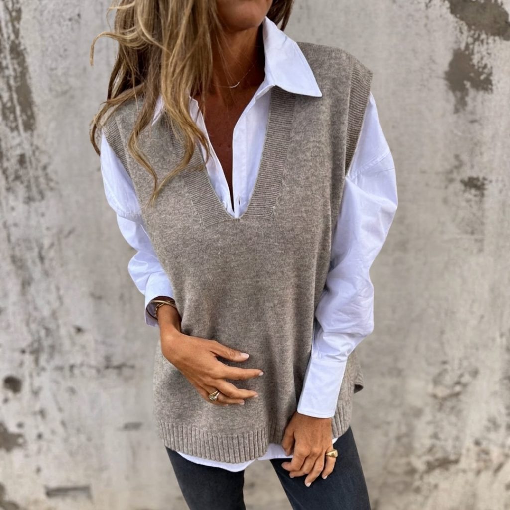 Women's Rib-Knit Relaxed-Fit Vest with V-Neck – Gray