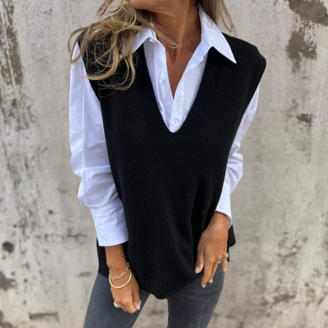 Women's Rib-Knit Relaxed-Fit Vest with V-Neck – Black