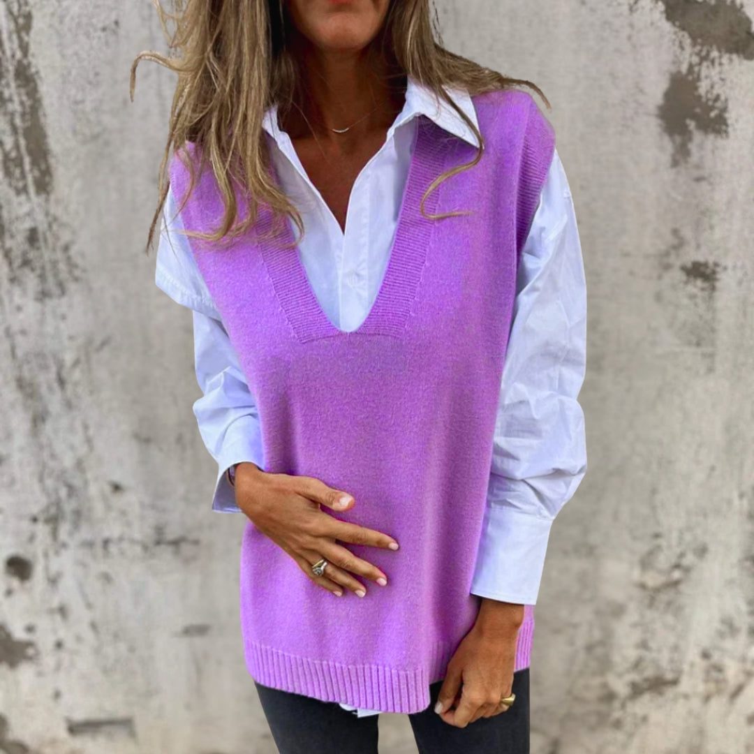 Women's Rib-Knit Relaxed-Fit Vest with V-Neck – Purple
