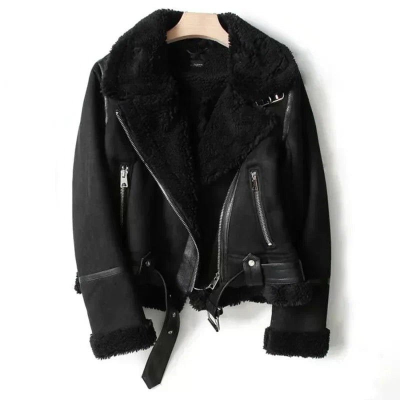 Women's Sherpa-Backed Crop-Length Biker Jacket – Black