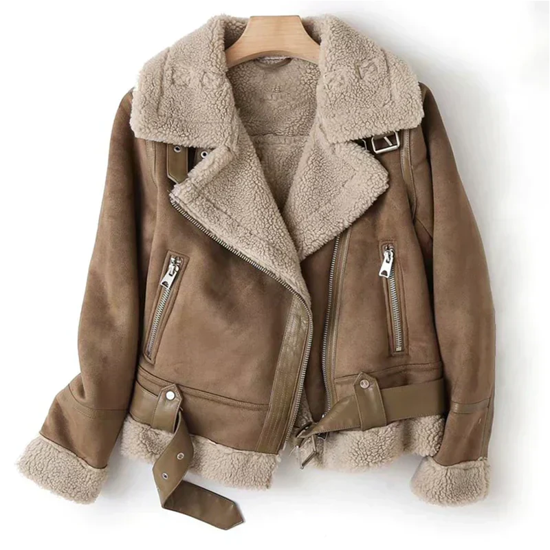 Women's Sherpa-Backed Crop-Length Biker Jacket – Brown