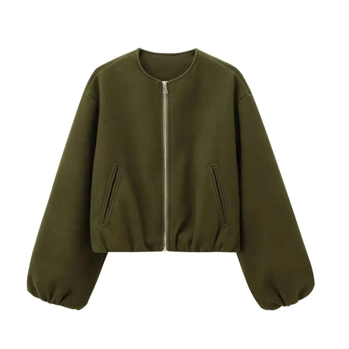 Women's Crop-Length Balloon-Sleeve Bomber Jacket – Olive Green