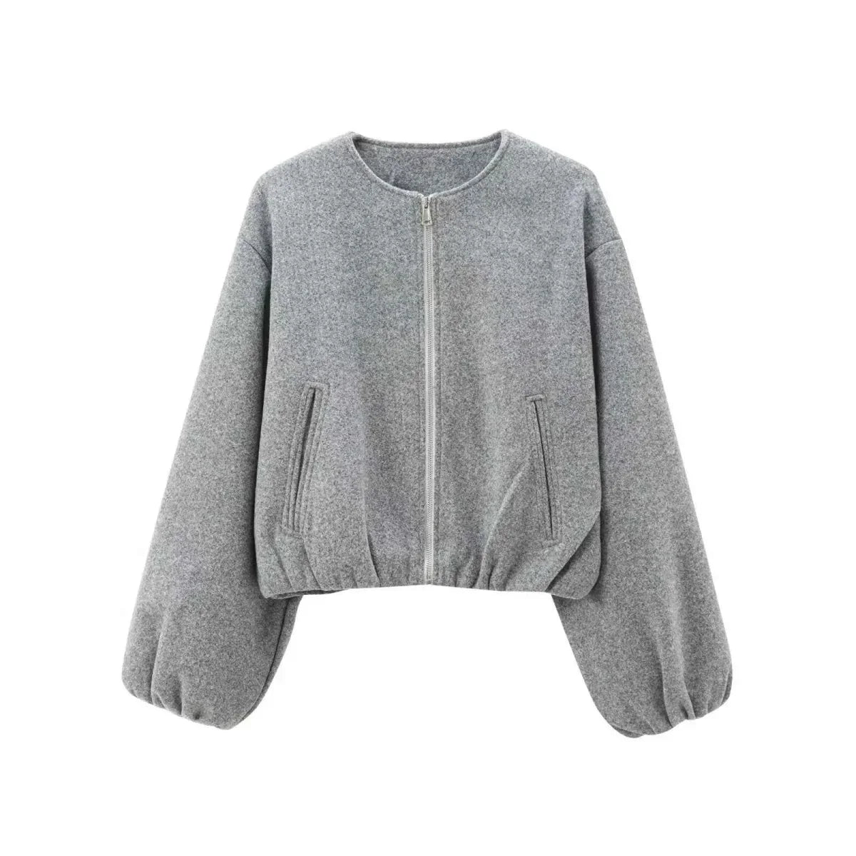 Women's Crop-Length Balloon-Sleeve Bomber Jacket – Light Gray