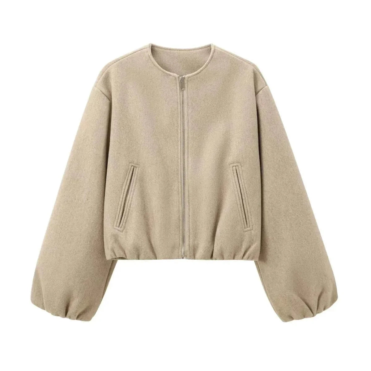 Women's Crop-Length Balloon-Sleeve Bomber Jacket – Khaki