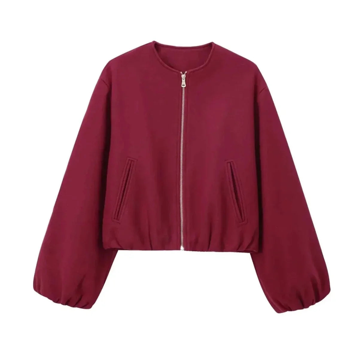 Women's Crop-Length Balloon-Sleeve Bomber Jacket – Red