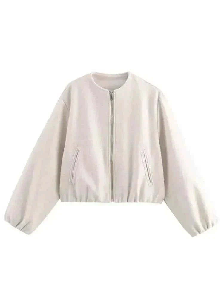 Women's Crop-Length Balloon-Sleeve Bomber Jacket – Beige