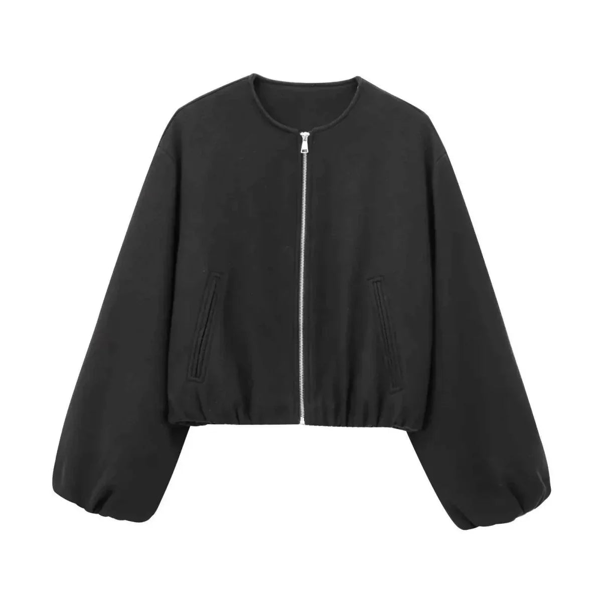 Women's Crop-Length Balloon-Sleeve Bomber Jacket – Black