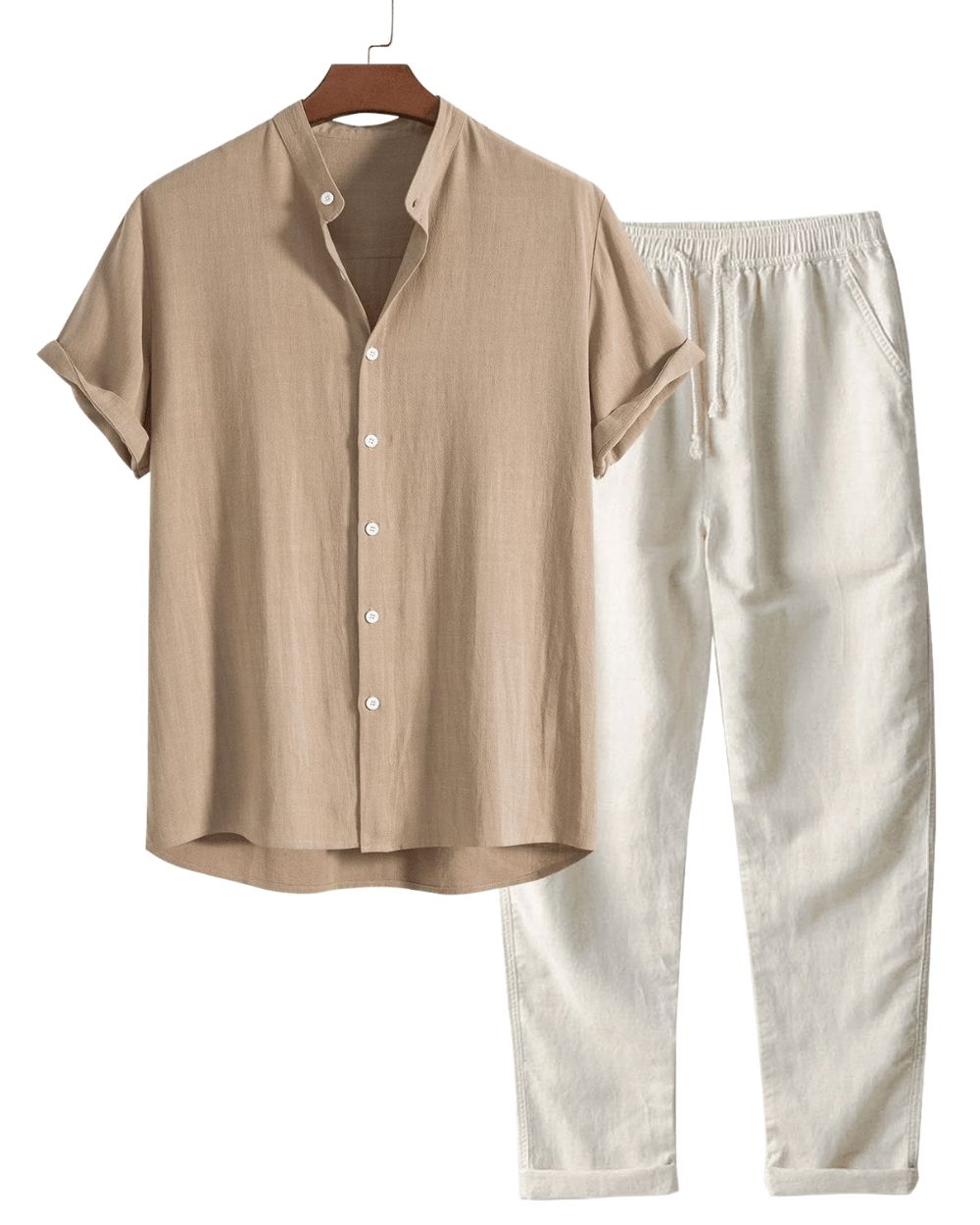 Men's Short-Sleeve Linen Set for Everyday Wear – Khaki/Off-White