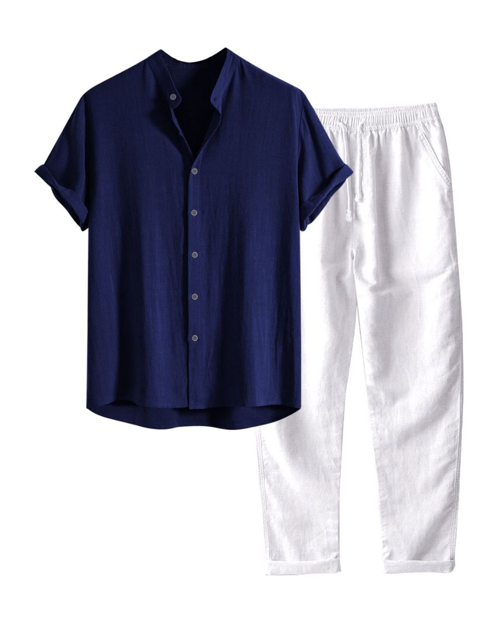 Men's Short-Sleeve Linen Set for Everyday Wear – Navy Blue/White