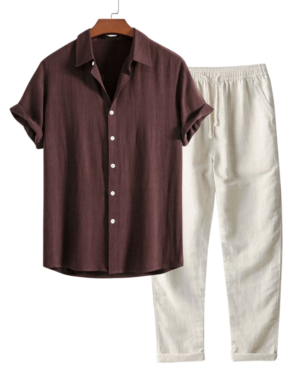 Men's Short-Sleeve Linen Set for Everyday Wear – Dark Brown/Off-White