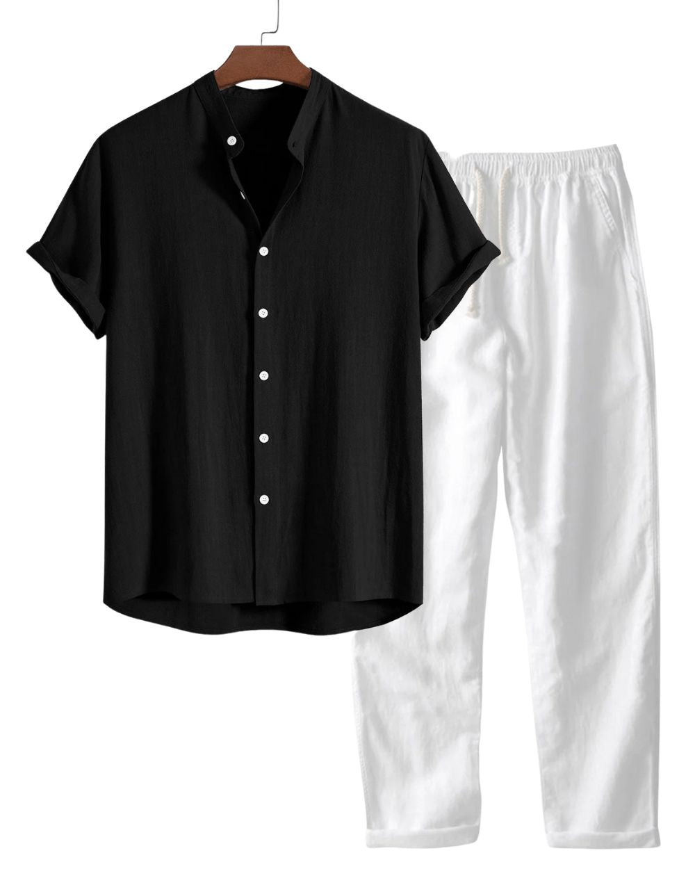 Men's Short-Sleeve Linen Set for Everyday Wear – Black/White