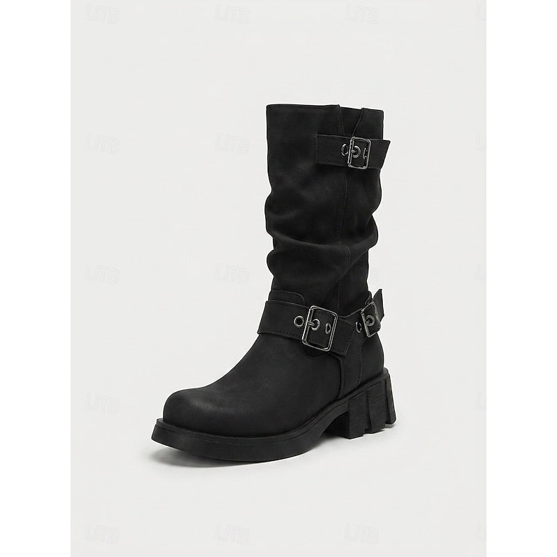 Women's Block-Heel Moto Boots – Black
