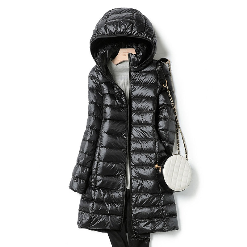 Women's Light-Weight Longline Hood-Detail Puffer Coat – Black