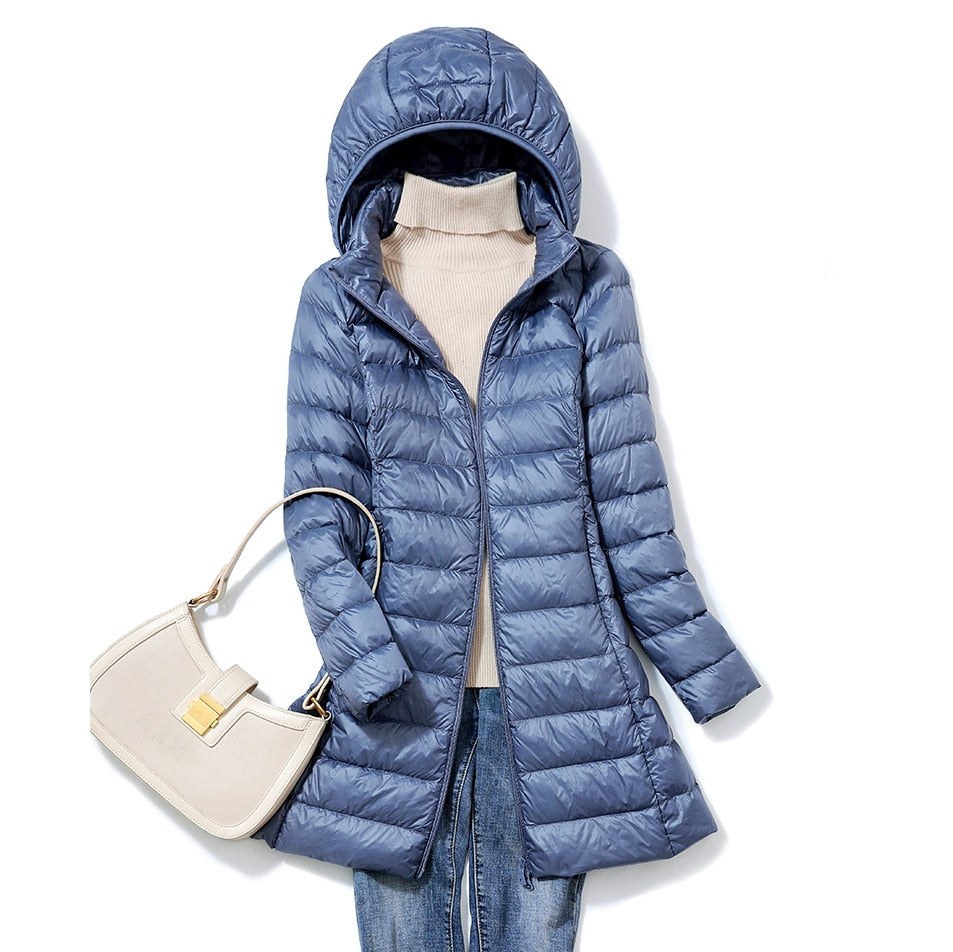 Women's Light-Weight Longline Hood-Detail Puffer Coat – Blue