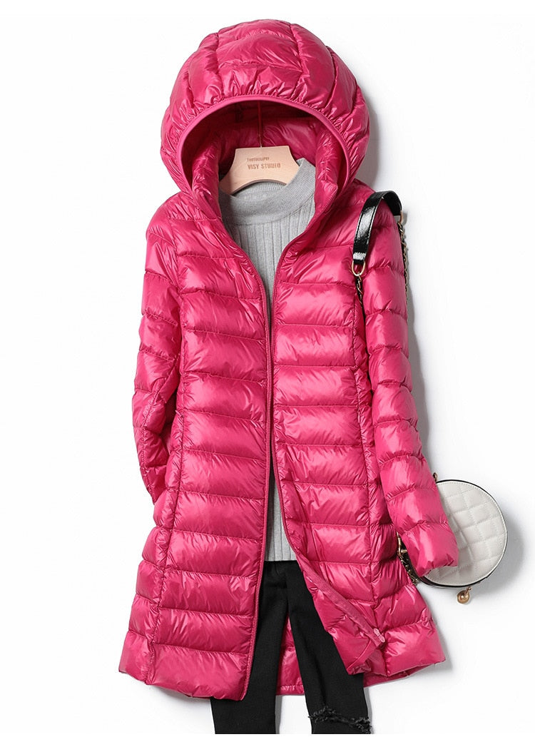 Women's Light-Weight Longline Hood-Detail Puffer Coat – Hot Pink