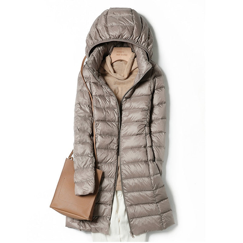Women's Light-Weight Longline Hood-Detail Puffer Coat – Taupe