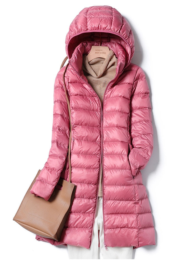 Women's Light-Weight Longline Hood-Detail Puffer Coat – Pink