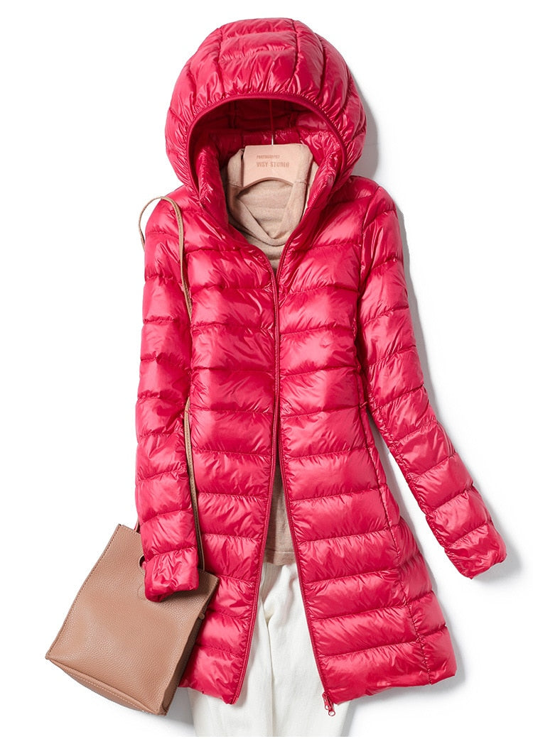 Women's Light-Weight Longline Hood-Detail Puffer Coat – Red