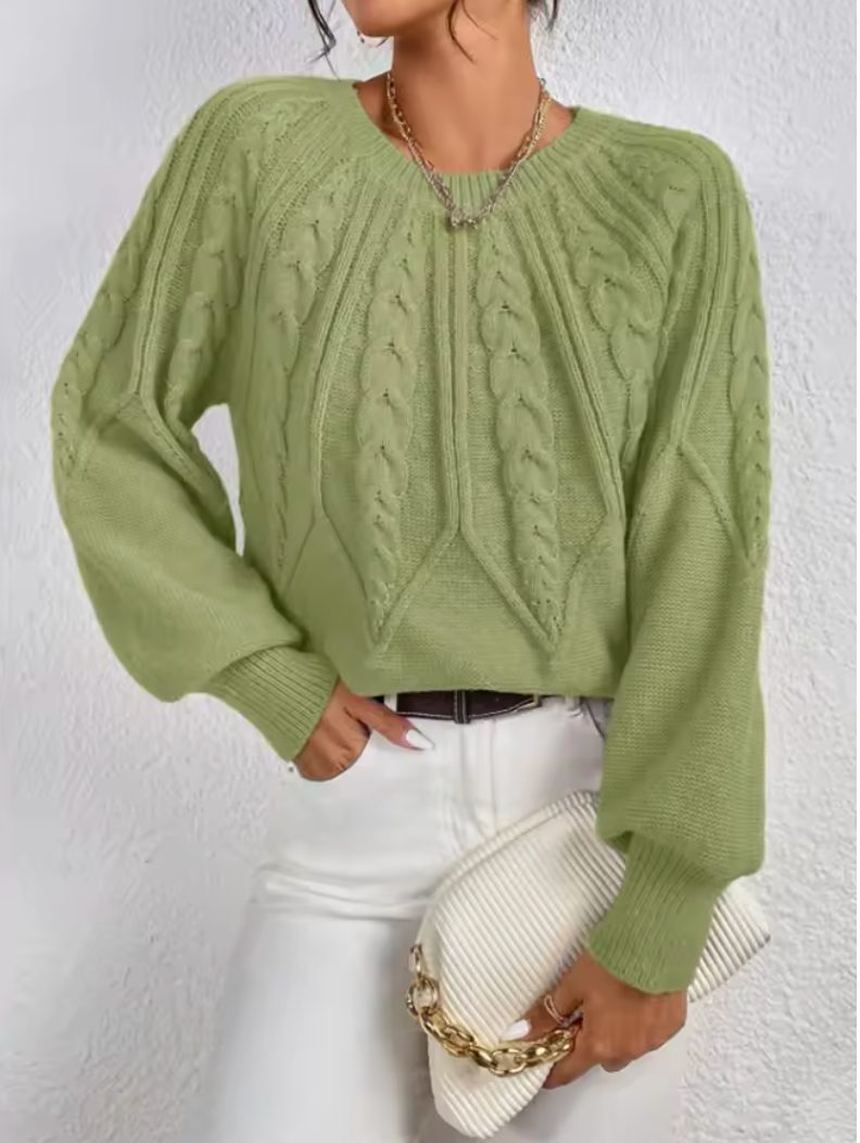 Women's Cable-Knit Pullover with Crew Neck – Light Green
