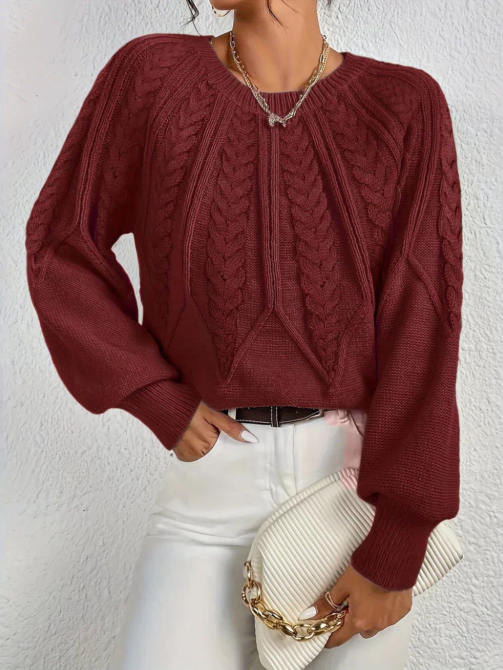 Women's Cable-Knit Pullover with Crew Neck – Red