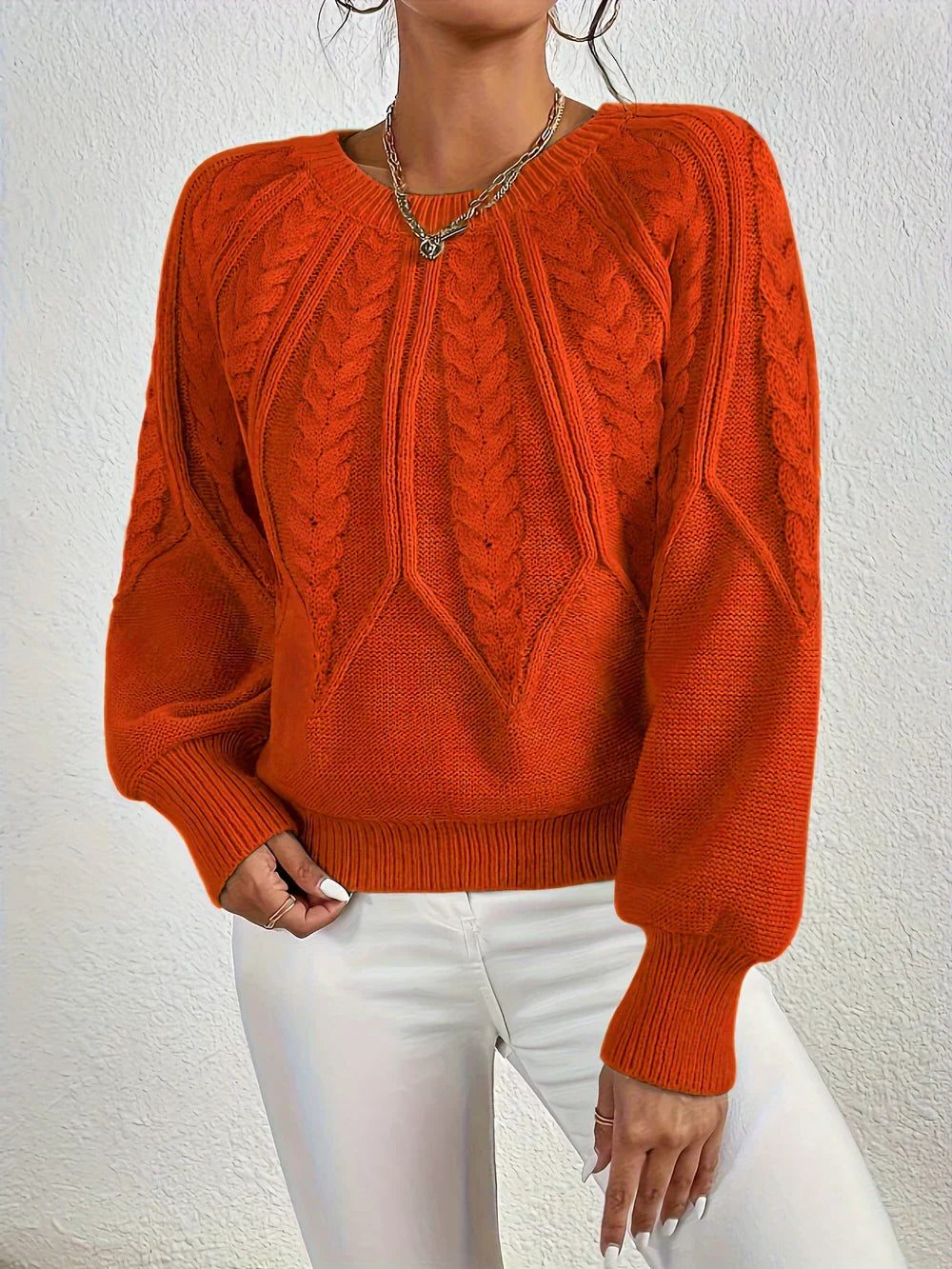 Women's Cable-Knit Pullover with Crew Neck – Orange