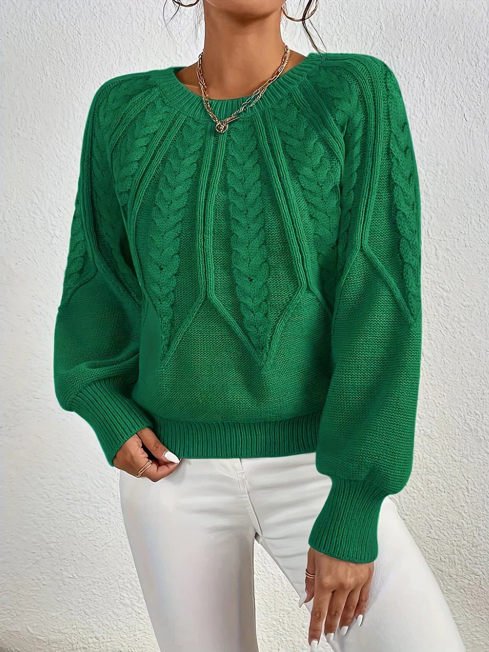 Women's Cable-Knit Pullover with Crew Neck – Green