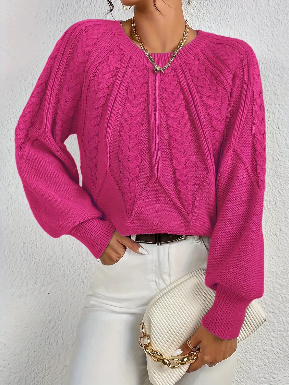 Women's Cable-Knit Pullover with Crew Neck – Pink