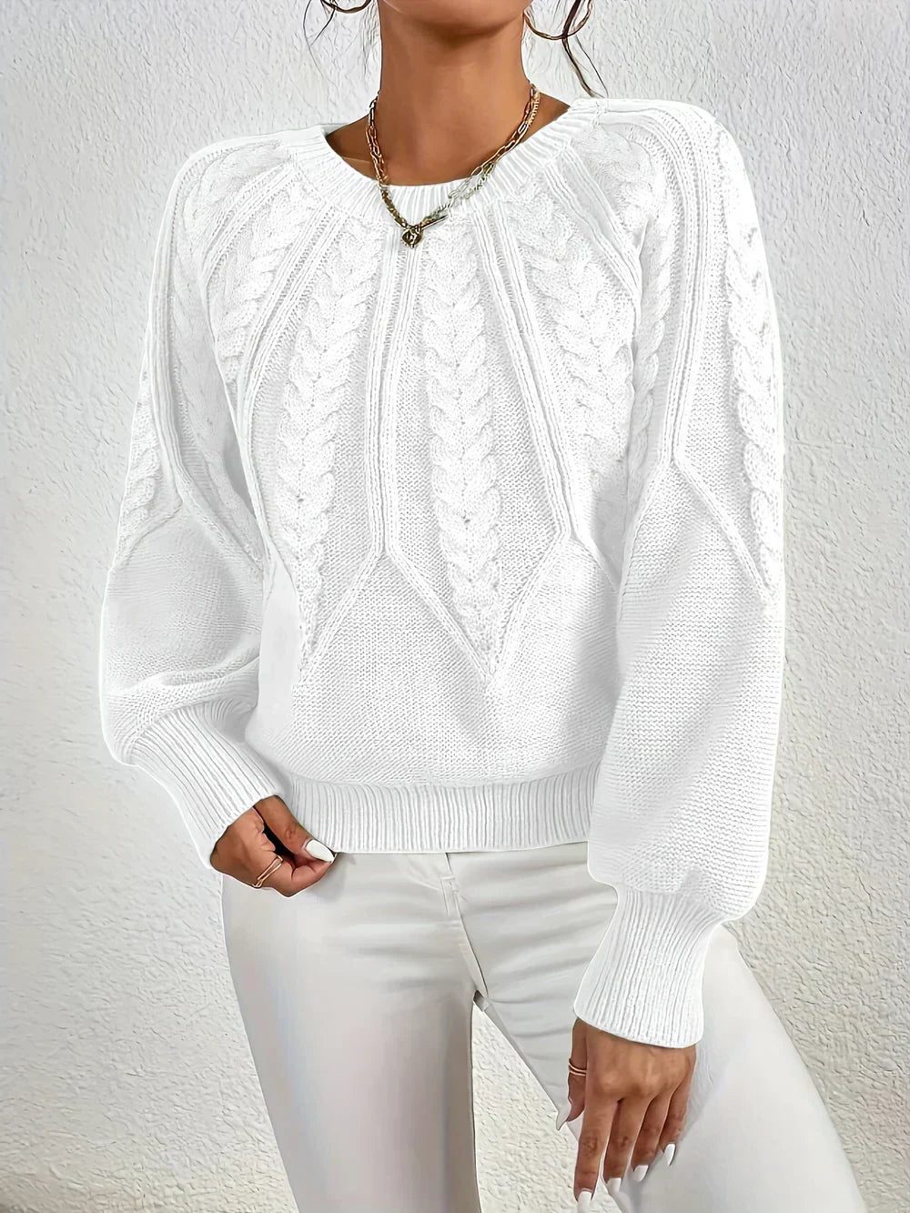 Women's Cable-Knit Pullover with Crew Neck – White