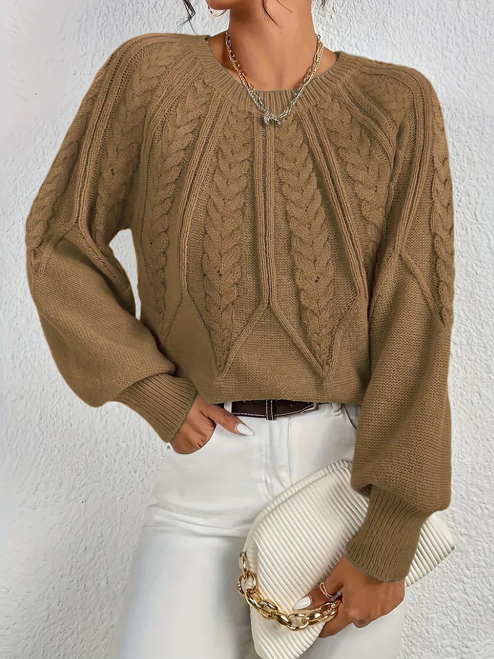 Women's Cable-Knit Pullover with Crew Neck – Brown
