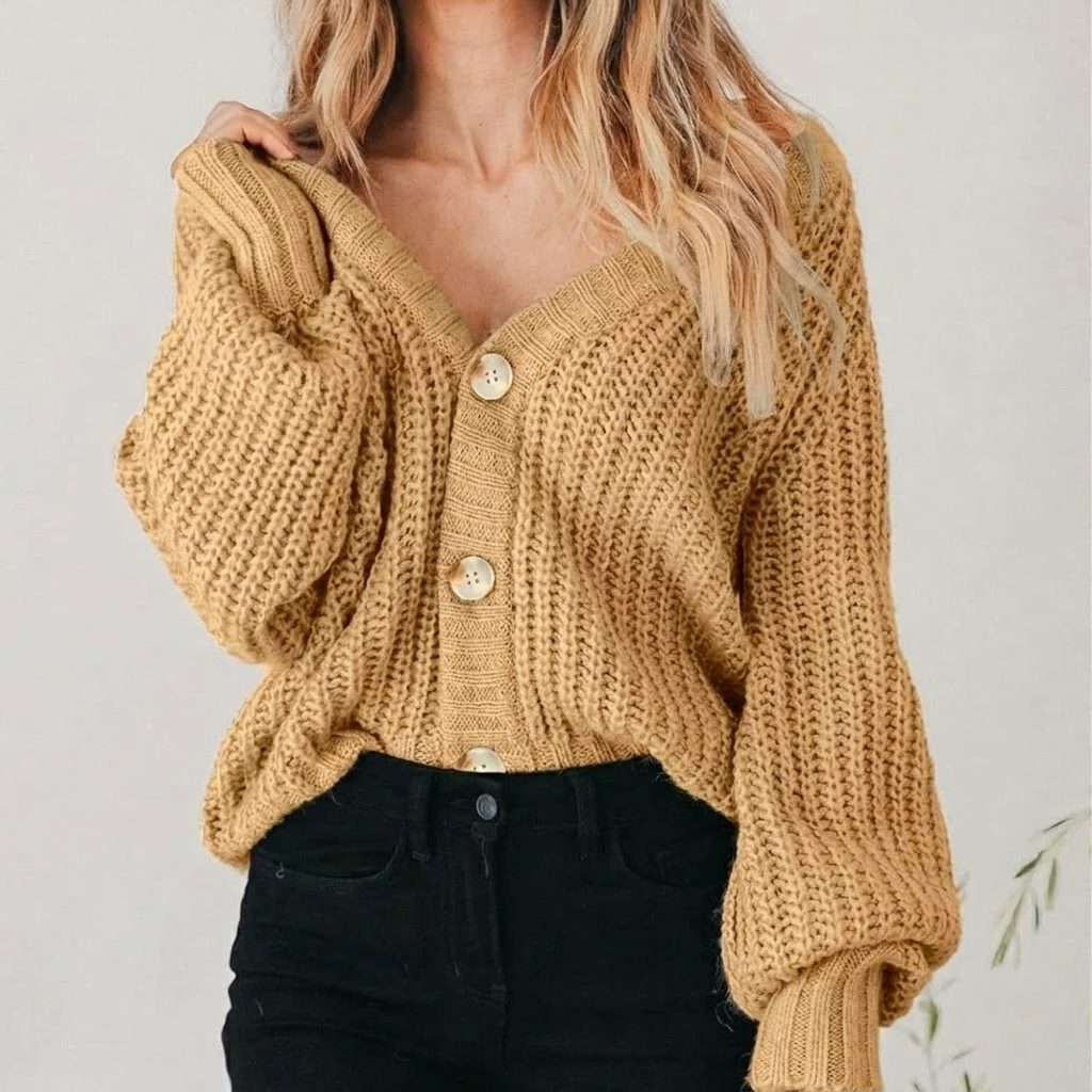 Women's Loose-Fit Balloon Sleeve Knit Cardigan – Khaki