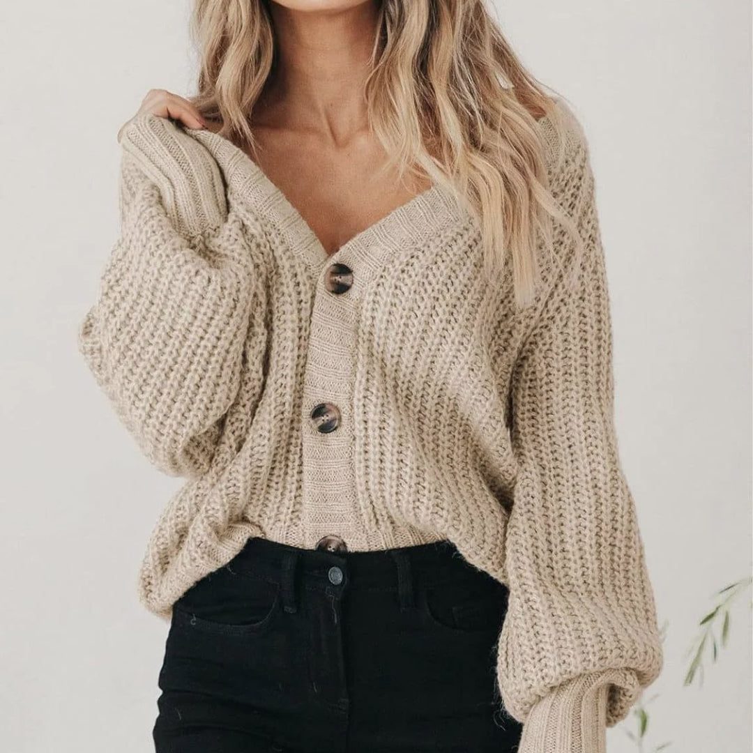 Women's Loose-Fit Balloon Sleeve Knit Cardigan – Beige