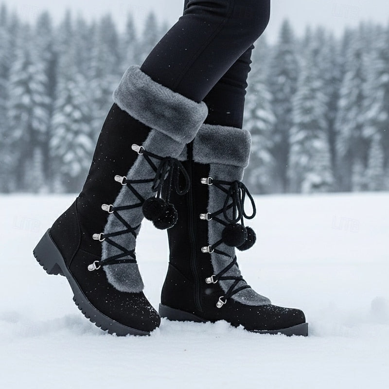Women's Fur-Trim Laced Mid-Calf Snow Boots – Black