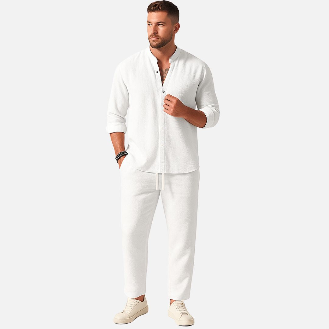 Men's Band Collar Shirt and Pants Set for Work – White