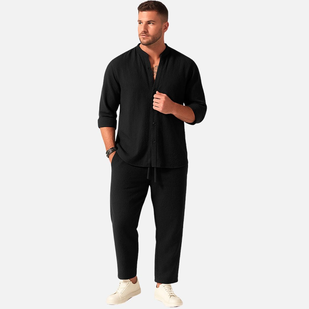 Men's Band Collar Shirt and Pants Set for Work – Black